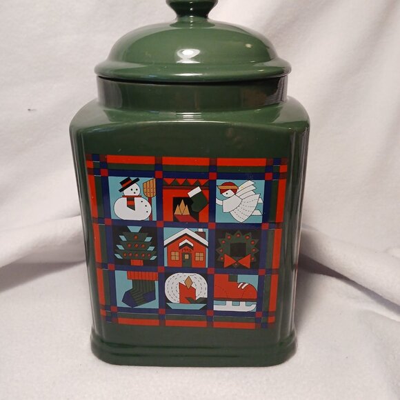 Dayton Hudson Green Christmas Cookie Jar Quilt Blocks Vintage Ceramic 9 3/4" - Picture 3 of 12